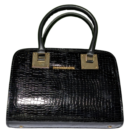 Elegant Ladies Black Leather Handbag with Silver Accents, Spacious Interior, and Durable Double Handles for Everyday Use