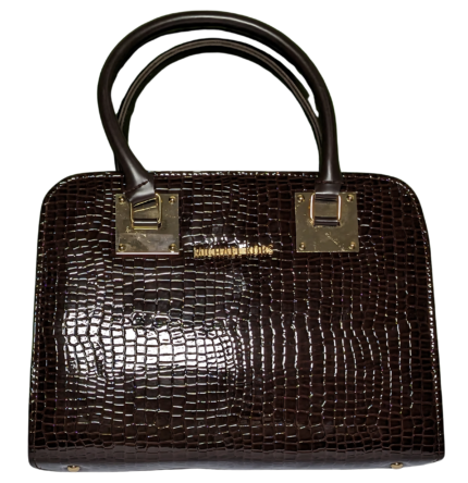 Dark brown leather handbag women's luxury accessory with gold-tone accents and spacious compartments.