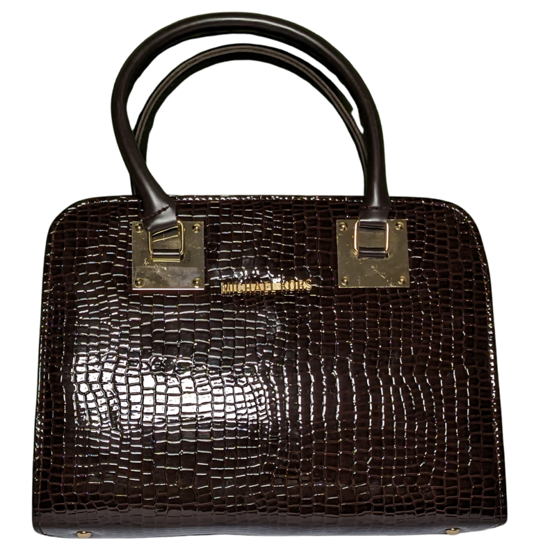 Dark brown leather handbag women's luxury accessory with gold-tone accents and spacious compartments.